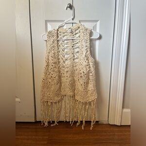 Cato Beige Crochet Vest with Fringe